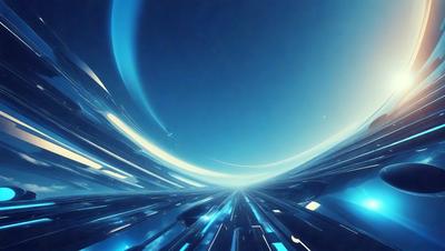 The primary subject of the image is a blue sky with a few clouds. The setting is a space-like environment, possibly a futuristic cityscape. The visual style is a digital art or illustration, creating a sense of motion and speed. The colors and mood are predominantly blue, giving the scene a calm and serene atmosphere.