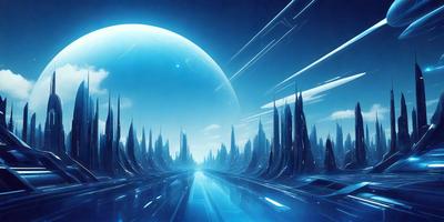 The primary subject of the image is a futuristic cityscape with a large, blue, glowing sphere in the background. The setting is a blue, starry sky, and the visual style is digital art. The colors and mood of the image are predominantly blue, creating a sense of calmness and tranquility.