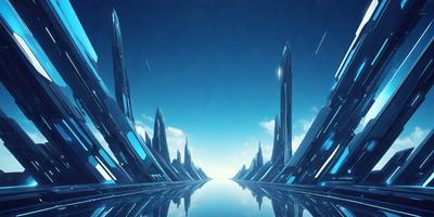 The primary subject of the image is a futuristic cityscape with a blue sky background. The setting includes a large number of tall, thin, and blue structures, giving the impression of a space station or a futuristic metropolis. The visual style of the image is digital art, as it appears to be a computer-generated or digitally rendered scene. The colors and mood of the image are predominantly blue, giving it a calm and serene atmosphere.