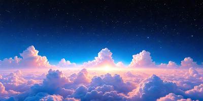 The primary subject of the image is a beautiful, cloudy sky at night. The setting is a dark, star-filled sky, with the clouds illuminated by the moonlight. The visual style is a digital art or illustration, creating a serene and peaceful atmosphere. The colors are predominantly shades of blue, pink, and white, with the clouds taking on a soft, fluffy appearance.