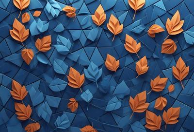 The primary subject of the image is a blue and orange paper artwork featuring a pattern of leaves. The setting is a blue background, and the visual style is a combination of digital art and illustration. The dominant colors are blue and orange, creating a vibrant and lively atmosphere.