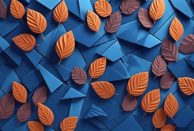 The primary subject of the image is a blue background with a pattern of leaves and triangles. The leaves are in various shades of orange and brown, creating a warm and vibrant atmosphere. The setting appears to be a creative and artistic environment, possibly a digital art or illustration. The visual style of the image is a combination of digital art and a patterned background, giving it a unique and eye-catching appearance.
