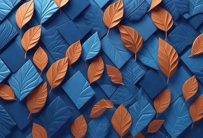 The primary subject of the image is a blue and orange wall with a pattern of leaves. The setting is a room with a blue background, and the visual style is a combination of digital art and illustration. The dominant colors are blue and orange, creating a warm and inviting atmosphere.