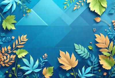 The primary subject of the image is a blue and green background with a variety of leaves and flowers. The setting is a blue and green wall, which serves as the backdrop for the artwork. The visual style is a combination of digital art and illustration, creating a vibrant and colorful scene. The dominant colors are blue and green, with the addition of orange and yellow accents from the leaves and flowers. The overall atmosphere is lively and full of life, showcasing the beauty of nature.