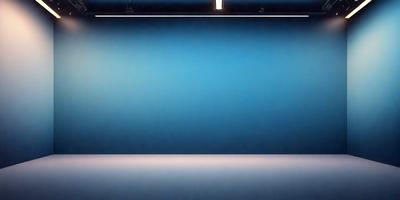 The primary subject of the image is a large, empty blue room with a blue wall. The setting is a room with a blue wall, and the visual style is a photo. The colors and mood of the image are predominantly blue, creating a calm and serene atmosphere.