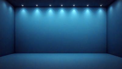 The primary subject of the image is a blue wall with a row of lights on it. The setting is a dark room, and the visual style is a photo. The dominant colors are blue and black, creating a moody atmosphere.