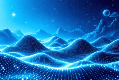 The primary subject of the image is a blue ocean with a mountainous background. The setting is a nighttime scene with a starry sky, creating a serene and peaceful atmosphere. The visual style is a digital art or illustration, as the image features a complex pattern of blue waves and mountains. The colors and mood convey a sense of tranquility and beauty, as the blue ocean and starry sky create a captivating and calming scene.