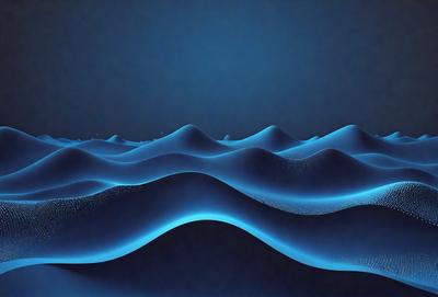 The primary subject of the image is a blue ocean with waves. The setting is a dark blue background, which creates a contrasting and dramatic effect. The visual style is a digital art or illustration, as the waves are depicted in a detailed and artistic manner. The colors and mood of the image are predominantly dark and moody, with the blue ocean and waves creating a sense of depth and mystery.