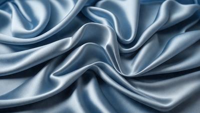 The primary subject of the image is a close-up of a blue fabric, possibly a piece of silk or satin. The setting is a room with a blue background, which adds to the overall atmosphere. The visual style is a detailed, close-up view of the fabric, showcasing its texture and pattern. The colors and mood of the image are predominantly blue, creating a calm and serene atmosphere.