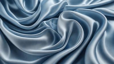 The primary subject of the image is a blue fabric, which appears to be a piece of silk. The setting is a blue background, and the visual style is a close-up of the fabric. The colors and mood of the image are predominantly blue, creating a calm and serene atmosphere.