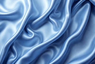 The primary subject of the image is a blue fabric, possibly a piece of silk, with a smooth and shiny texture. The setting is a blue background, which complements the blue fabric. The visual style is a close-up of the fabric, showcasing its details and texture. The colors and mood of the image are predominantly blue, creating a calm and serene atmosphere.