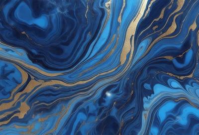 The primary subject of the image is a blue and gold swirling pattern, which appears to be a piece of art or a decorative item. The setting is a blue background, which complements the colors of the swirling pattern. The visual style of the image is a close-up of the swirling pattern, showcasing its intricate details. The dominant colors in the image are blue and gold, creating a sense of elegance and sophistication.