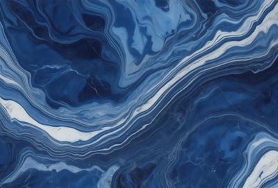 The primary subject of the image is a blue marble tile with a swirling pattern. The setting is a blue background, which complements the blue marble tile. The visual style is a close-up of the tile, showcasing its intricate design. The colors and mood of the image are predominantly blue, creating a calm and serene atmosphere.