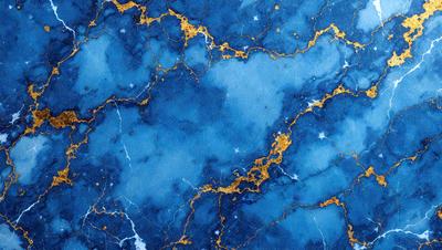 The primary subject of the image is a blue marble wall with gold accents. The setting is a room with a blue marble wall as the main focus. The visual style is a combination of a photo and digital art, creating a unique and intricate design. The dominant colors are blue and gold, giving the wall a luxurious and elegant appearance.