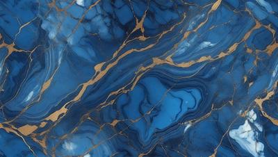 The primary subject of the image is a blue marble tile with gold accents. The setting is a wall, and the visual style is a close-up of the tile. The dominant colors are blue and gold, creating a luxurious and elegant atmosphere.