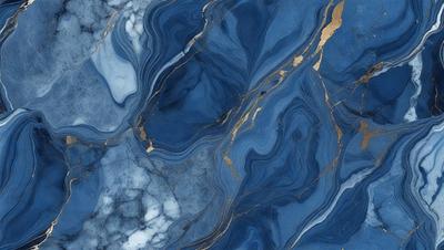 The primary subject of the image is a blue marble wall with gold accents. The setting is a room with a blue marble wall as the main focus. The visual style is a close-up of the marble wall, showcasing its intricate patterns and textures. The dominant colors are blue and gold, creating a luxurious and elegant atmosphere.