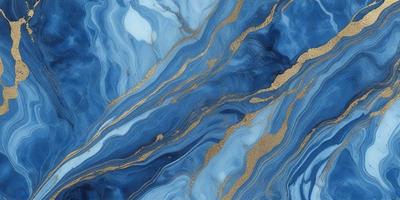 The primary subject of the image is a blue and gold marbled tile. The setting is a wall with the tile as the main focus. The visual style is a close-up of the tile, showcasing its intricate design. The dominant colors are blue and gold, creating a luxurious and elegant atmosphere.