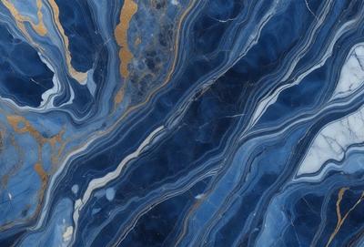 The primary subject of the image is a blue and gold marbled stone. The setting is a close-up of the stone, showcasing its intricate patterns and colors. The visual style is a detailed, up-close photograph of the stone. The dominant colors are blue and gold, creating a rich and luxurious atmosphere.