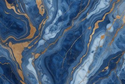 The primary subject of the image is a blue and gold marbled stone. The setting is a close-up of the marbled stone, showcasing its unique pattern and texture. The visual style is a close-up of the marbled stone, which gives a sense of depth and detail. The colors and mood of the image are predominantly blue and gold, creating a sense of luxury and elegance.