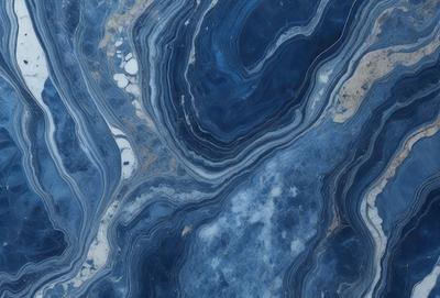 The primary subject of the image is a close-up of a blue and white marble tile. The setting is a blue and white marble tile, which serves as the background. The visual style is a close-up of the marble tile, showcasing its intricate patterns and textures. The dominant colors are blue and white, creating a calm and serene atmosphere.