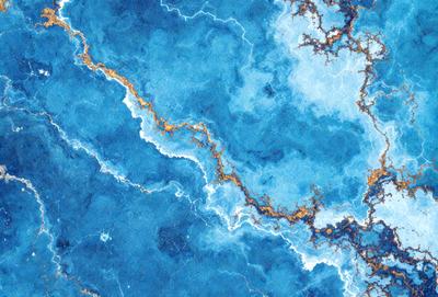The primary subject of the image is a blue and gold painting of a marble-like surface. The setting is a blue background, and the visual style appears to be a digital art or illustration. The dominant colors in the painting are blue and gold, creating a serene and calming atmosphere.
