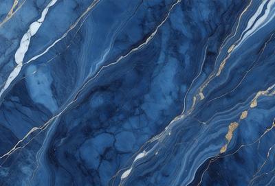 The primary subject of the image is a blue marble wall with a gold stripe. The setting is a room with a blue and gold marble wall, which serves as the background. The visual style is a close-up of the marble wall, showcasing its intricate patterns and textures. The dominant colors are blue and gold, creating a luxurious and elegant atmosphere.