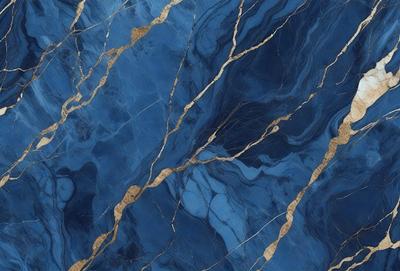 The primary subject of the image is a blue marble tile with gold accents. The setting is a blue marble countertop, and the visual style is a close-up of the tile. The dominant colors are blue and gold, creating a luxurious and elegant atmosphere.
