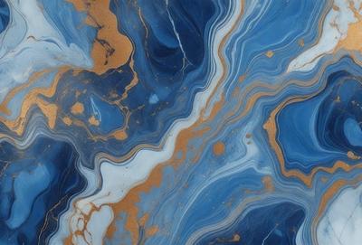The primary subject of the image is a blue and gold marbled stone. The setting is a close-up of the marbled stone, showcasing its intricate patterns and colors. The visual style is a close-up of the marbled stone, which gives a sense of depth and texture to the image. The colors and mood of the image are predominantly blue and gold, creating a sense of luxury and elegance.