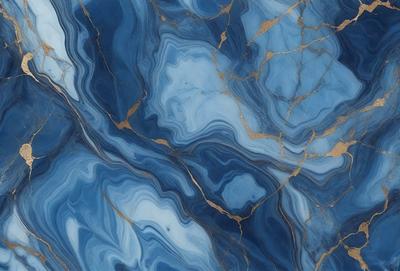 The primary subject of the image is a blue and gold marble tile. The setting is a wall with a blue and gold marble tile pattern. The visual style is a close-up of the marble tile, showcasing its intricate design. The colors and mood of the image are predominantly blue and gold, creating a luxurious and elegant atmosphere.