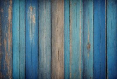 The primary subject of the image is a wooden plank with a blue background. The setting is a wooden wall, and the visual style is a close-up of the wooden plank. The dominant colors are blue and brown, creating a calm and natural atmosphere.