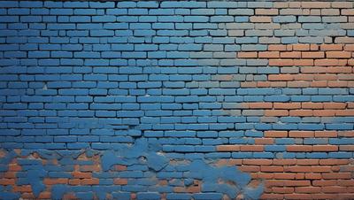 The primary subject of the image is a blue brick wall with a brick pattern. The setting is a brick wall with a blue background, and the visual style is a photo. The dominant colors are blue and red, creating a vibrant and lively atmosphere.