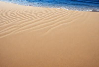 The image features a sandy beach with a large body of water in the background. The sand appears to be wet, possibly from the ocean waves. The primary subject of the image is the sandy beach, which is the main focus of the scene. The setting/background includes the vast body of water, which adds to the overall atmosphere of the image. The visual style of the image is a photo, capturing the natural beauty of the beach and the water. The colors and mood of the image are predominantly warm and inviting