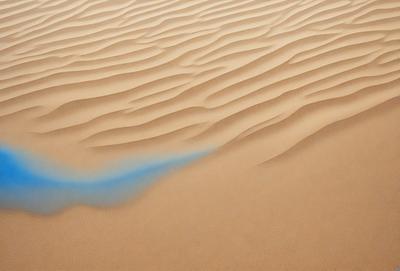 The primary subject of the image is a blue line or trail in the sand. The setting is a desert landscape, with the sand being the primary background. The visual style appears to be a photo, as it captures the natural environment and the blue line in the sand. The colors and mood of the image are predominantly neutral, with the blue line being the most prominent and noticeable feature.