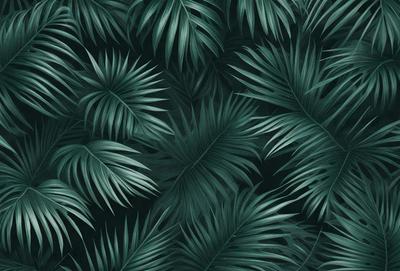 The primary subject of the image is a close-up of a large green palm tree. The setting is a dark background, which contrasts with the vibrant green color of the palm tree. The visual style is a close-up, which emphasizes the details of the palm tree. The colors and mood of the image are predominantly green, creating a serene and natural atmosphere.