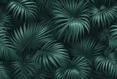 The primary subject of the image is a pattern of green palm leaves. The setting is a dark background, which contrasts with the green leaves. The visual style is a close-up of the palm leaves, showcasing their intricate details. The colors and mood of the image are predominantly green, creating a serene and natural atmosphere.