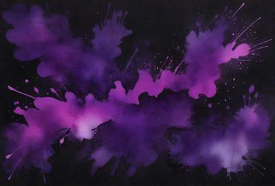 The primary subject of the image is a purple and pink painting with a splattered appearance. The setting is a black background, which contrasts with the vibrant colors of the painting. The visual style is a mix of digital art and illustration, creating a unique and artistic representation. The dominant colors are purple and pink, giving the painting a lively and energetic atmosphere.