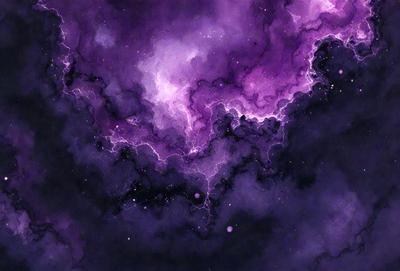 The primary subject of the image is a purple and black galaxy, which is the main object, scene, or focus of the image. The setting or background is a dark, starry sky, and the visual style is a digital art or illustration. The dominant colors are purple and black, creating a moody and dramatic atmosphere.