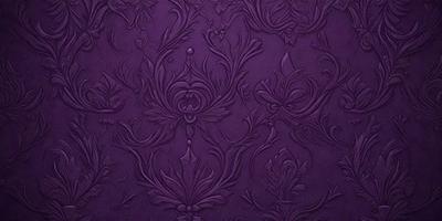 The primary subject of the image is a purple wallpaper with a floral pattern. The setting is a room with a purple wall, and the visual style is a close-up of the wallpaper. The colors and mood of the image are predominantly purple, creating a calm and serene atmosphere.