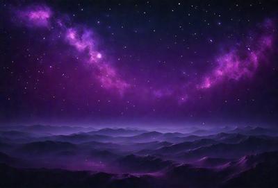 The primary subject of the image is a purple sky filled with stars. The setting is a nighttime landscape with a mountain range in the background. The visual style is a digital art or illustration, creating a surreal and dreamy atmosphere. The dominant colors are purple and blue, with the purple sky and the blue stars creating a serene and calming mood.