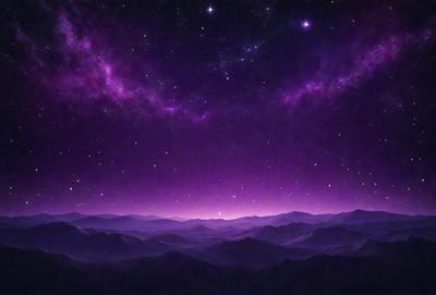 The primary subject of the image is a purple sky with a few stars visible. The setting is a mountainous landscape, with a mountain range in the background. The visual style is a digital art or illustration, creating a surreal and dreamy atmosphere. The colors and mood are predominantly purple, with a few stars adding a touch of contrast and interest to the scene.