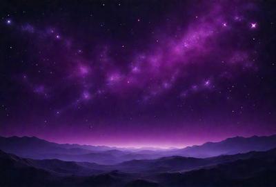 The primary subject of the image is a purple sky filled with stars. The setting is a mountainous landscape, with the mountains visible in the distance. The visual style is a combination of a photo and digital art, creating a unique and captivating scene. The colors and mood of the image are predominantly purple, with the starry sky adding a sense of wonder and tranquility to the overall atmosphere.