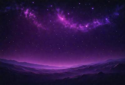 The primary subject of the image is a purple sky filled with stars. The setting is a mountainous landscape, with a mountain range visible in the distance. The visual style is a digital art or illustration, creating a surreal and dreamy atmosphere. The colors and mood are predominantly purple, with the stars adding a touch of brightness to the scene.