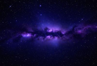 The primary subject of the image is a beautiful purple nebula, which is the main object, scene, or focus of the image. The setting or background of the image is a dark, star-filled sky, which adds to the overall atmosphere of the scene. The visual style of the image is a combination of a photo and digital art, creating a unique and captivating representation of the purple nebula. The colors and mood of the image are predominantly purple, which gives the scene a serene and