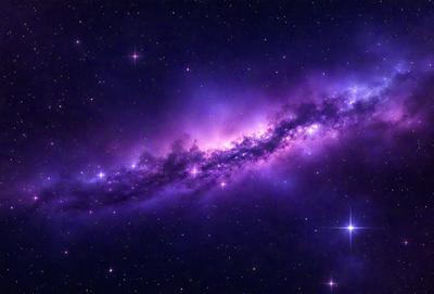 The primary subject of the image is a purple nebula, which is a cloud of gas and dust in space. The setting is a dark, star-filled sky, with the nebula as the main focus. The visual style is a combination of a photo and digital art, creating a unique and captivating representation of the nebula. The colors and mood of the image are predominantly purple, giving it a serene and celestial atmosphere.