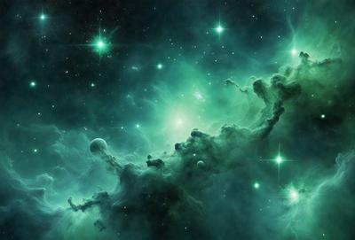 The primary subject of the image is a green nebula, which is a cloud of gas and dust in space. The setting is a dark, starry sky, with the nebula being the main focus of the image. The visual style is a combination of a photo and digital art, creating a unique and captivating representation of the nebula. The colors and mood of the image are predominantly green, with a sense of wonder and awe as the viewer gazes upon the vastness of space.