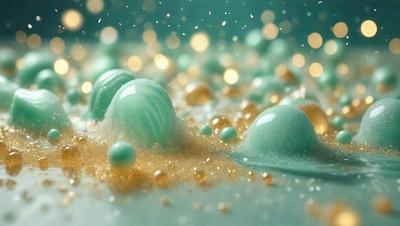 The primary subject of the image is a group of green and yellow balls, which are floating in a blue background. The setting appears to be a swimming pool or a similar environment. The visual style of the image is a combination of photo and digital art, creating a unique and eye-catching scene. The dominant colors in the image are blue, green, and yellow, giving the scene a vibrant and lively atmosphere.