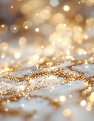 The primary subject of the image is a close-up of a gold glittery surface, possibly a wall or a piece of fabric. The setting is a white background, which contrasts with the gold glitter. The visual style appears to be a combination of a photo and digital art, as the gold glitter is captured in a close-up shot, while the overall atmosphere is one of shimmering and sparkling.