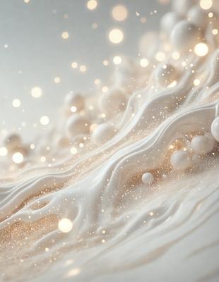 The primary subject of the image is a white, swirling, and sparkling substance, which appears to be a creamy or frothy material. The setting is a white background, which provides a clean and minimalistic environment for the subject. The visual style of the image is a combination of photo and digital art, as it captures the light and texture of the white substance. The colors and mood of the image are predominantly white, giving it a clean, fresh, and serene atmosphere.