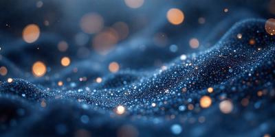 The primary subject of the image is a close-up of a blue background with a pattern of bright, shiny lights. The setting appears to be a dark, starry night, with the lights creating a mesmerizing effect. The visual style of the image is a combination of a photo and digital art, as it captures the beauty of the night sky with the shining lights. The colors and mood of the image are predominantly dark and mysterious, with the bright lights adding a touch of warmth and energy to the