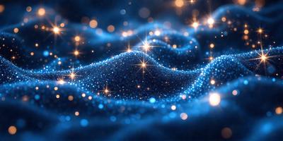 The primary subject of the image is a blue background with a pattern of sparkling stars. The setting is a dark, starry night, and the visual style is a combination of a photo and digital art. The dominant colors are blue and white, creating a serene and peaceful atmosphere.